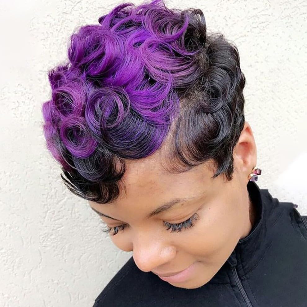 Naseily Short Black And Purple Wig Short Curly 2 Tones Synthetic Wigs For Black Women Natural Short Hair Wig