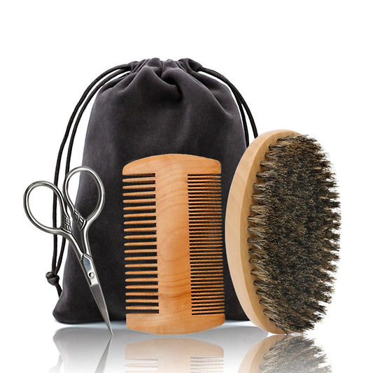 Hair Dough Beard Brush & Comb, Scissors Set for Men, Set Includes Soft Boar Bristle Brush, Bamboo Wide Tooth Comb, and Mustache Trimming Scissors Beauty & Personal Care AOHO MOOON