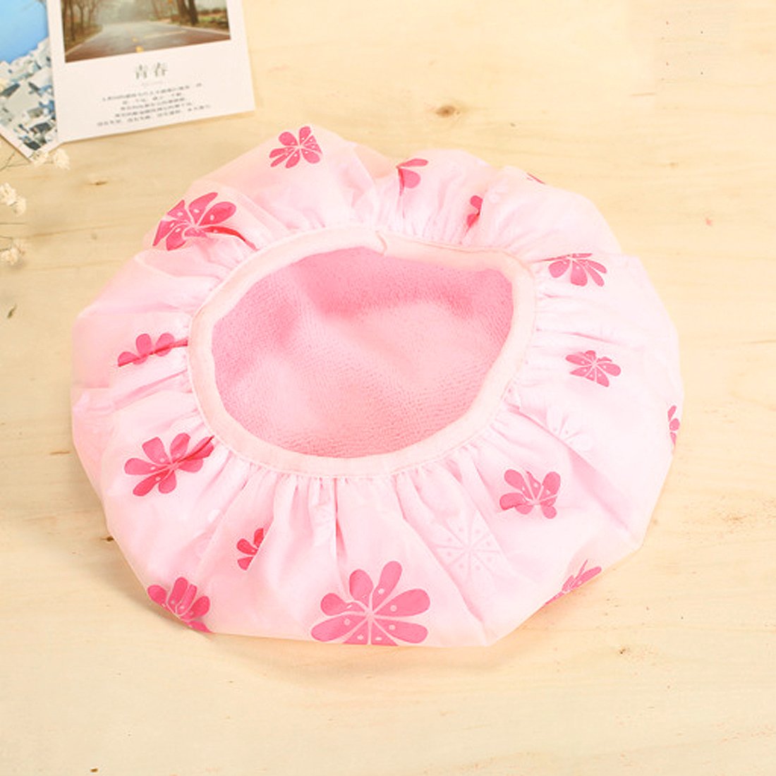 Ruilogod Pink PEVA Microfiber Dual Layers Flower Printing Waterproof Bath Hair Cap Hat (id: 753 32e c1e e0a c7d Beauty and Personal Care Ruilogod