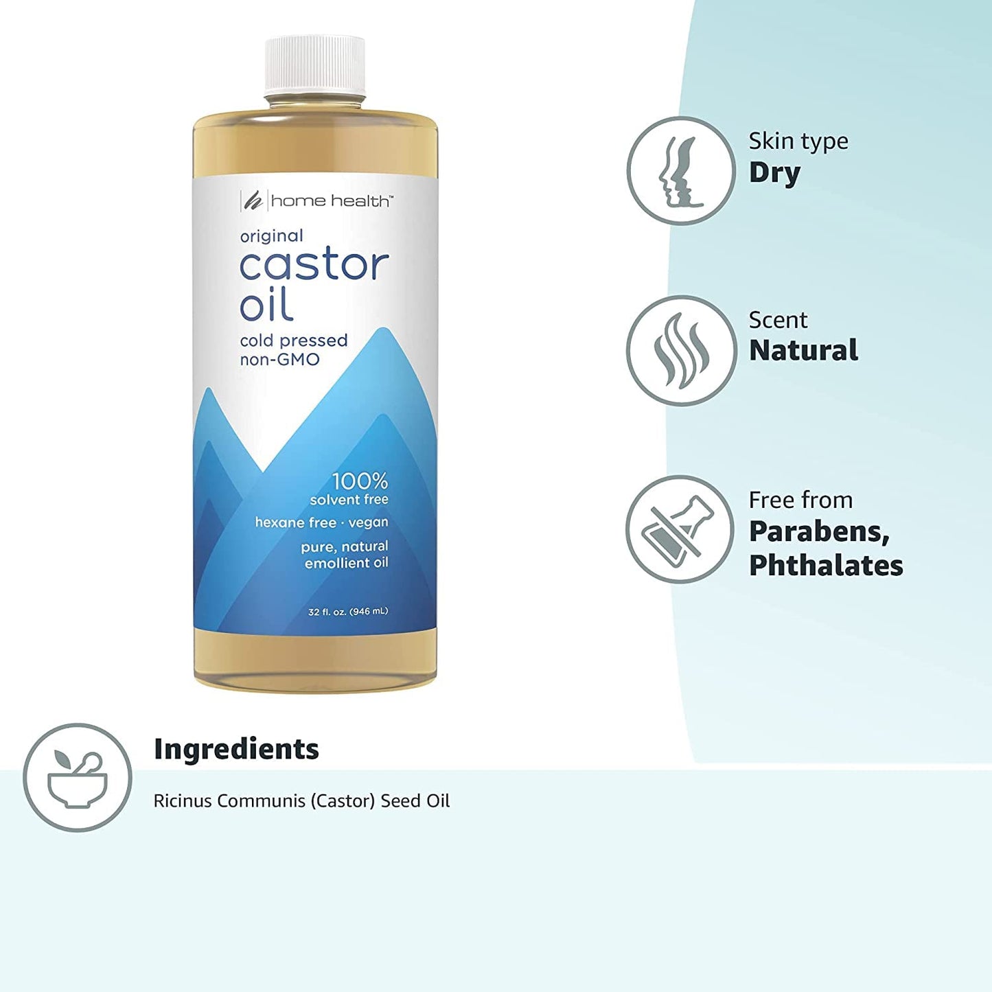 Home Health Castor Oil - 32 fl oz, Pack of 2 - Conditioning Oil for Body, Skin & Brows - Non-GMO, USDA-Certified Organic - Cold Pressed - Solvent Beauty & Personal Care Home Health