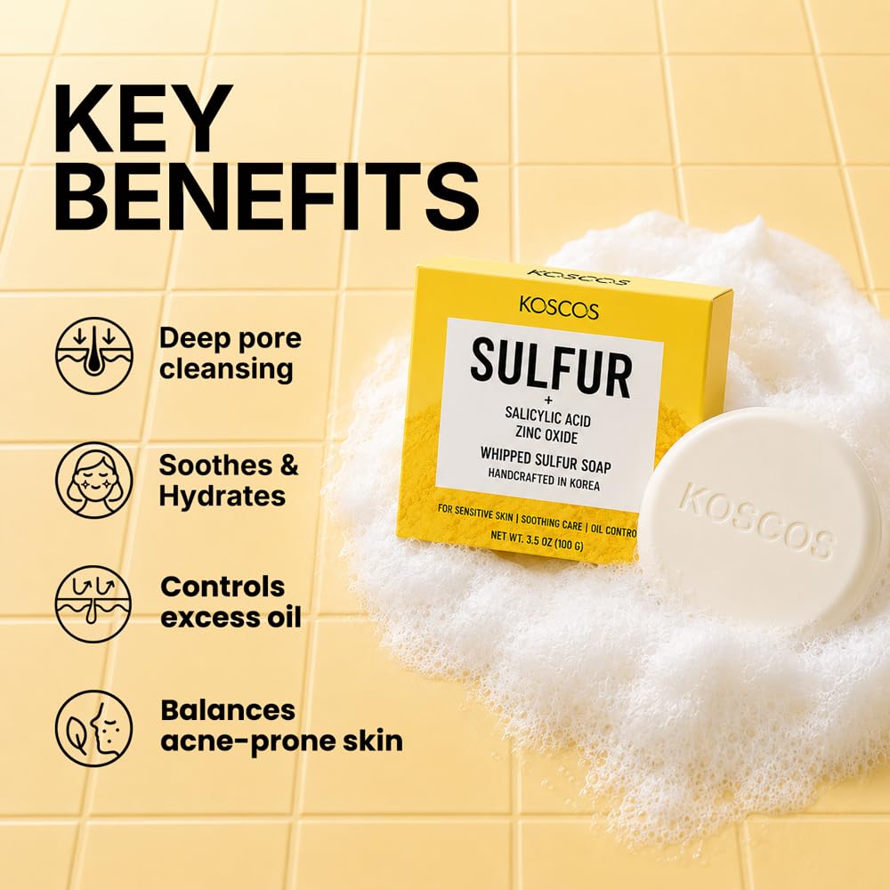 KOSCOS WHIPPED SULFUR SOAP Bar | Zinc Oxide & Salicylic Acid for Deep Cleansing & Oil Control Without Over-Drying | Korean Skincare (3.5 Ounce (Pack Beauty & Personal Care KOSCOS