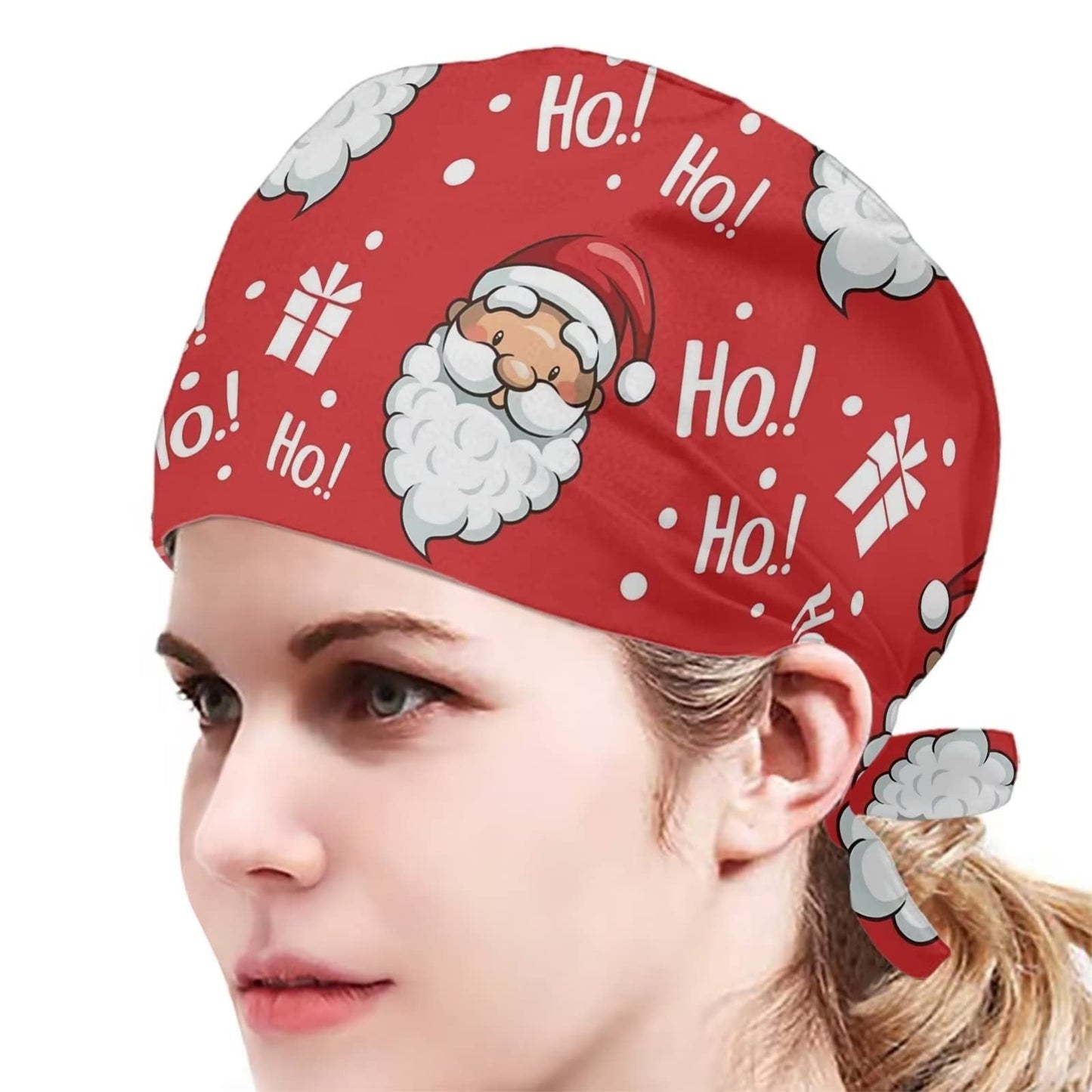 Biyejit Christmas Santa Claus Printed Shower Cap Working Hat One Size Waterproof Adjustable Tie Back Cap with Sweatband, Breathable Work Cap for Men Beauty and Personal Care Biyejit