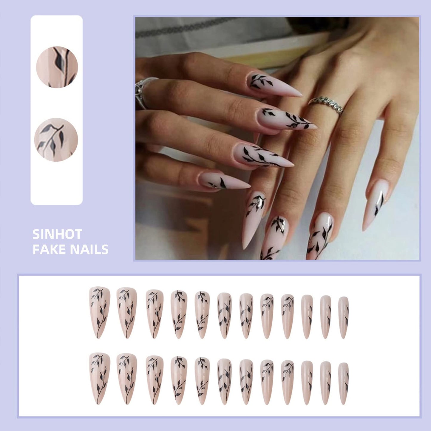 SINHOT Stiletto Press on Nails Extra Long Fake Nails with Glue Glossy False Nails with Black Leaves Designs Full Cover Almond Acrylic Nail 24pcs Beauty & Personal Care SINHOT