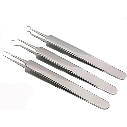 1Set(3PCS) Silver Professional Remove Blackheads Tweezers Set - Stainless Steel Straight/Slanted & Pointed Splinter/Bend Curved Blemish Extractor Tool Beauty & Personal Care Elandy