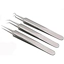 1Set(3PCS) Silver Professional Remove Blackheads Tweezers Set - Stainless Steel Straight/Slanted & Pointed Splinter/Bend Curved Blemish Extractor Tool Beauty & Personal Care Elandy