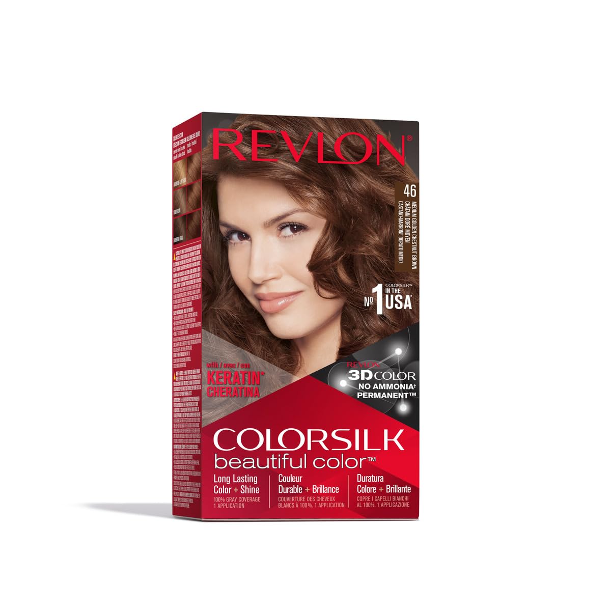Revlon Permanent Hair Color, Permanent Hair Dye, Colorsilk with 100% Gray Coverage, Ammonia-Free, Keratin and Amino Acids, 46 Medium Golden Chestnut Beauty & Personal Care REVLON