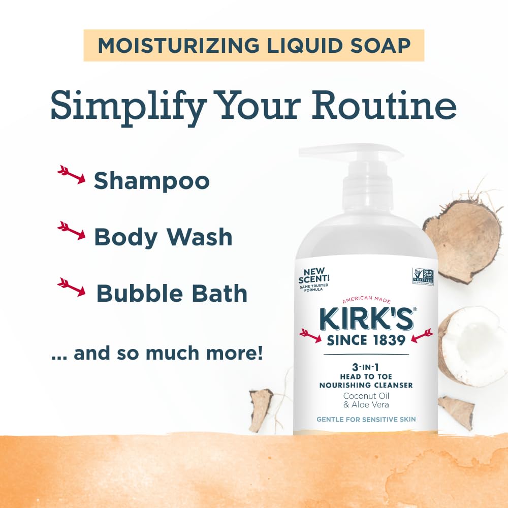Kirk's 3-in-1 Head to Toe Nourishing Liquid Cleanser- for Men, Women & Children - Premium Coconut Oil & Aloe Vera- Non GMO & Vegan - Citrus Twist - 32 Beauty & Personal Care Kirk's