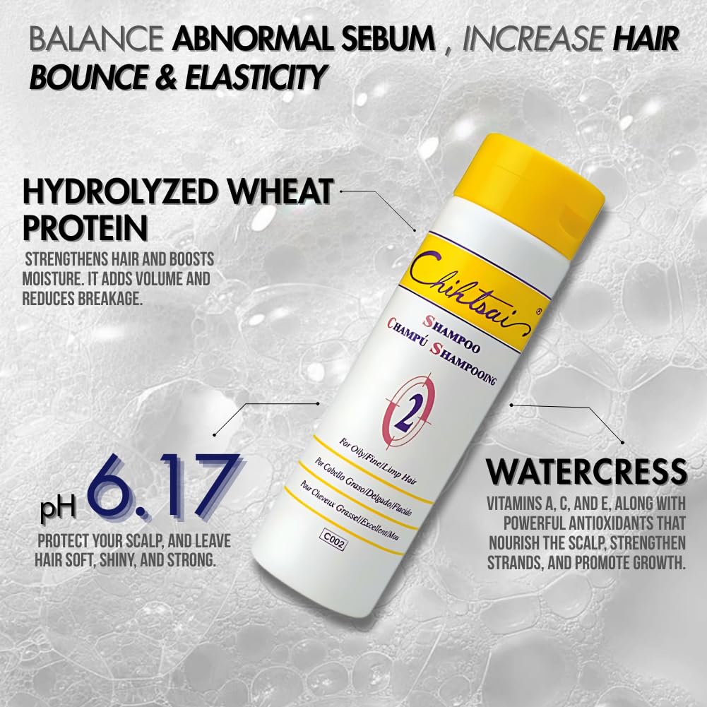 Chihtsai No.2 Shampoo for Oily/Fine/Limp Hair (8.3oz/250ml) - Remove excess sebum & impurities, Balance oil secretion, Adds volume without weight