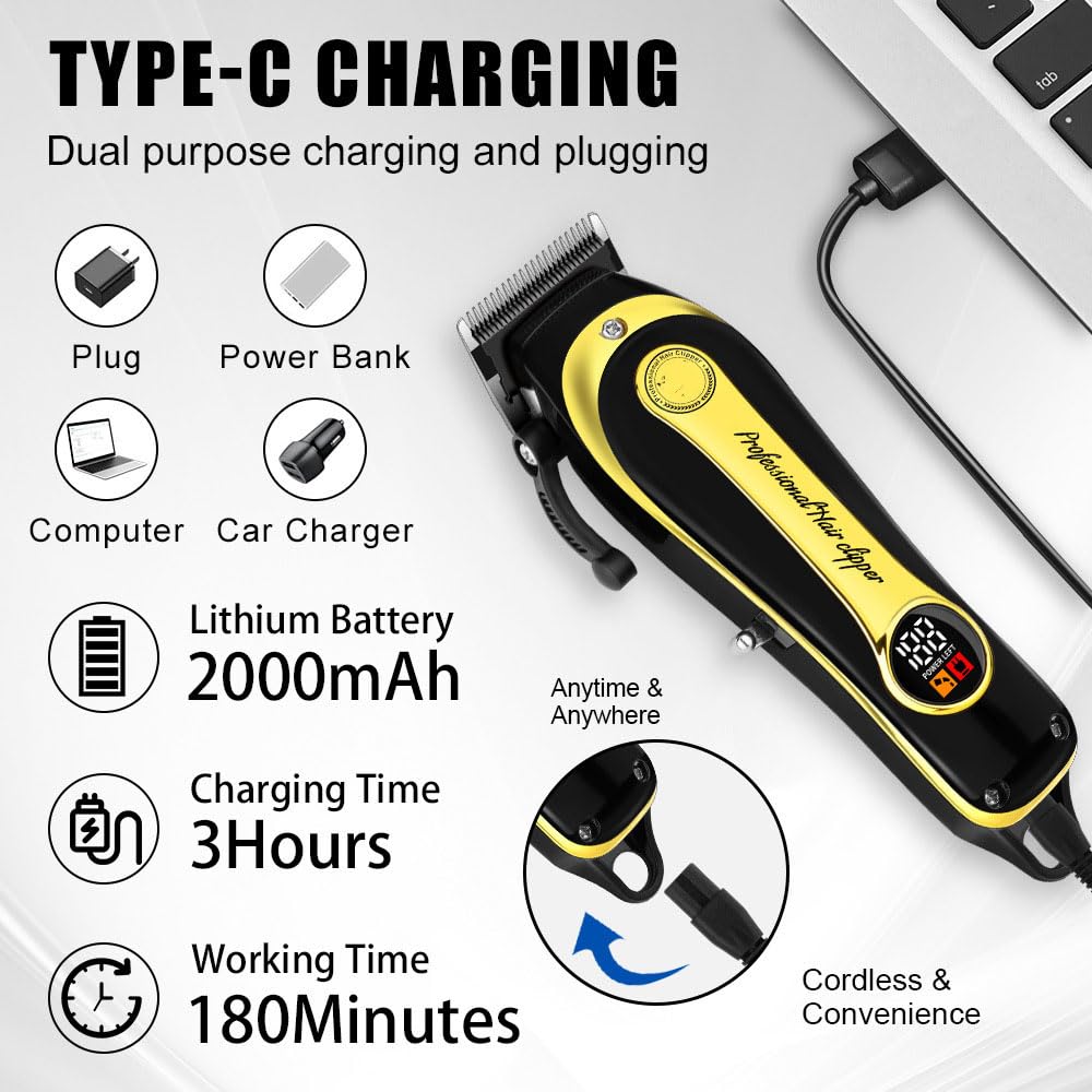 GLESVOWIO Men's Professional Cordless Hair Clippers for Men Women and Children USC Charging Beard Trimmer with Stainless Steel Blade 4 Guide Combs Beauty and Personal Care GLESVOWIO
