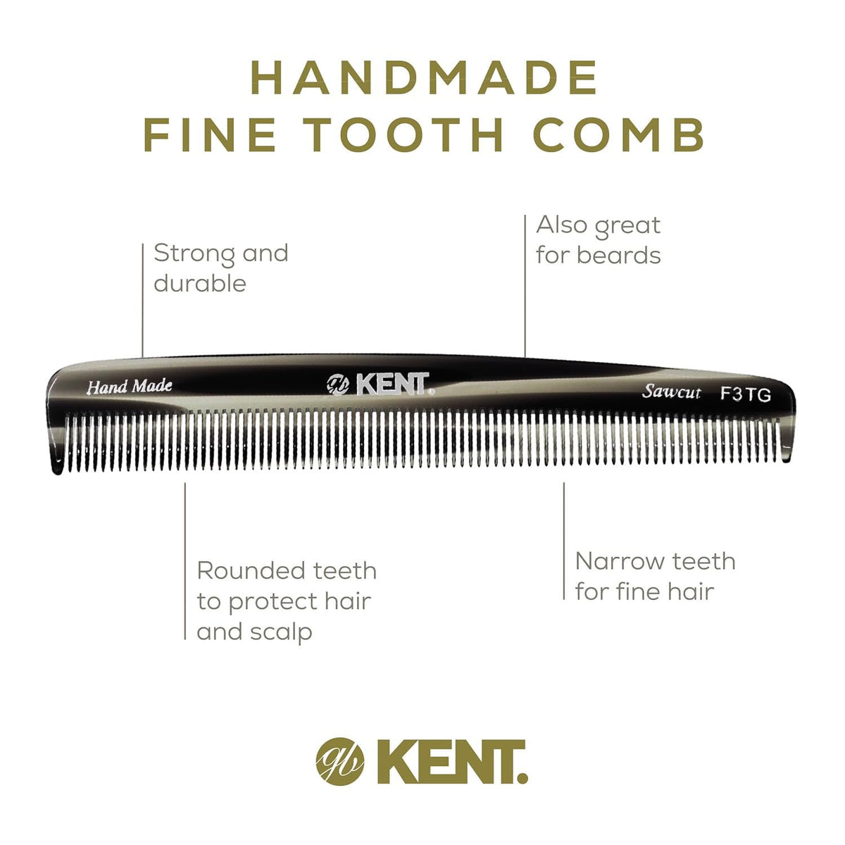 Kent F3T Black Graphite Fine Tooth Comb - Hair Parting and Straightening Comb for Men's & Women's Dandruff Remover, Saw Cut and Hand Polished Made in