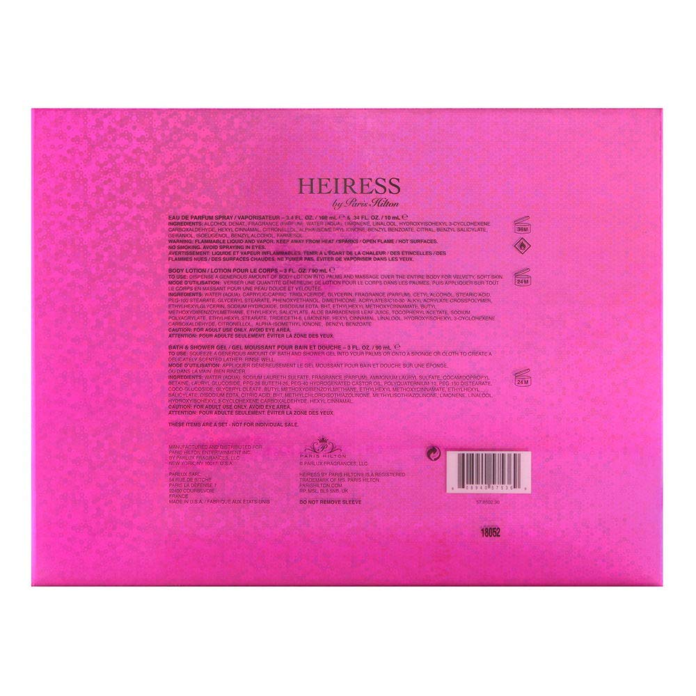 Heiress by Paris Hilton for Women 4 Piece Set Includes: 3.4 oz Eau de Parfum Spray + 0.34 Eau de Parfum Spray + 3.0 oz Body Lotion + 3.0 oz Bath Beauty & Personal Care Paris Hilton