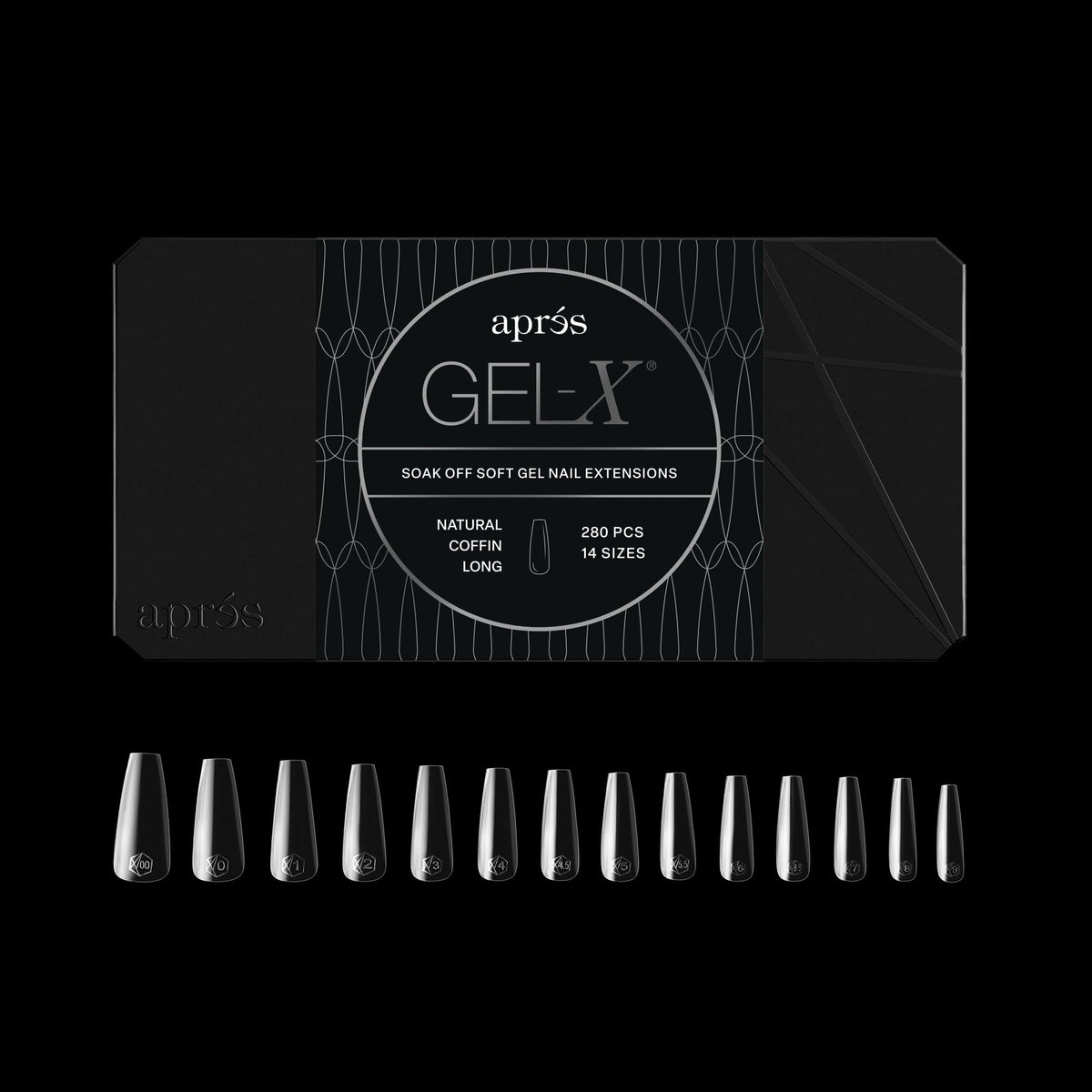 Apres Gel-X® Coffin Box of Nail Tips | 280 Gel-X Tips, Soft Tips, 14 Sizes 00-9 | Half-sizes Included (Natural Coffin Long, 280 Count)