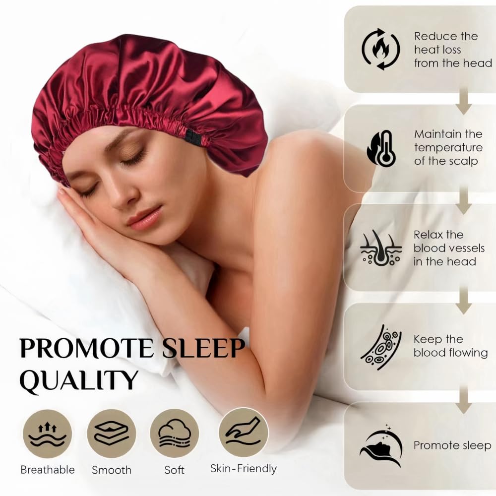 VECIIR Satin Bonnet Silk Bonnet for Sleeping Women and Men, Ajustable Hair Bonnet for Curly Hair with Double Layer Hair Bonnet,Wine red - Black,Medium Beauty and Personal Care VECIIR