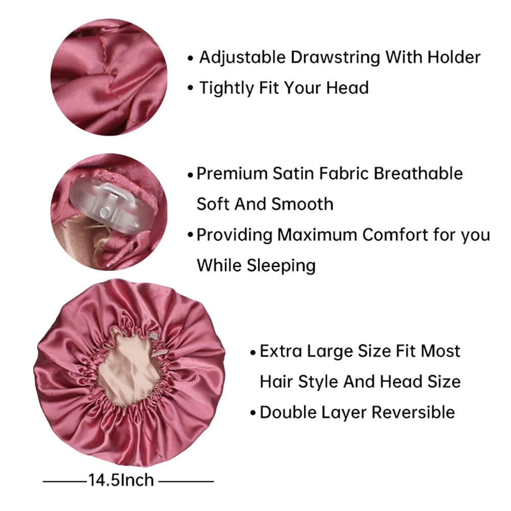 Satin Sleep Cap, Adjustable Satin Cap, Silk Bonnet, Reusable Bath Hair Cap for Night Sleeping Reversible Double Layer 2 Pack (Eggplant + Blush) Beauty & Personal Care Hanbertti