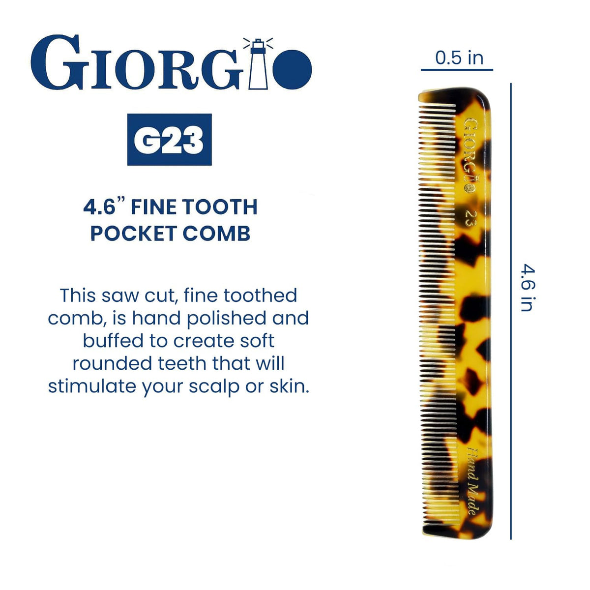 Giorgio G23 Handmade Fine Tooth Comb for Men, Mustache and Beard Comb for Men, Hair Combs for Everyday Grooming, Saw Cut and Hand Polished (4.6")