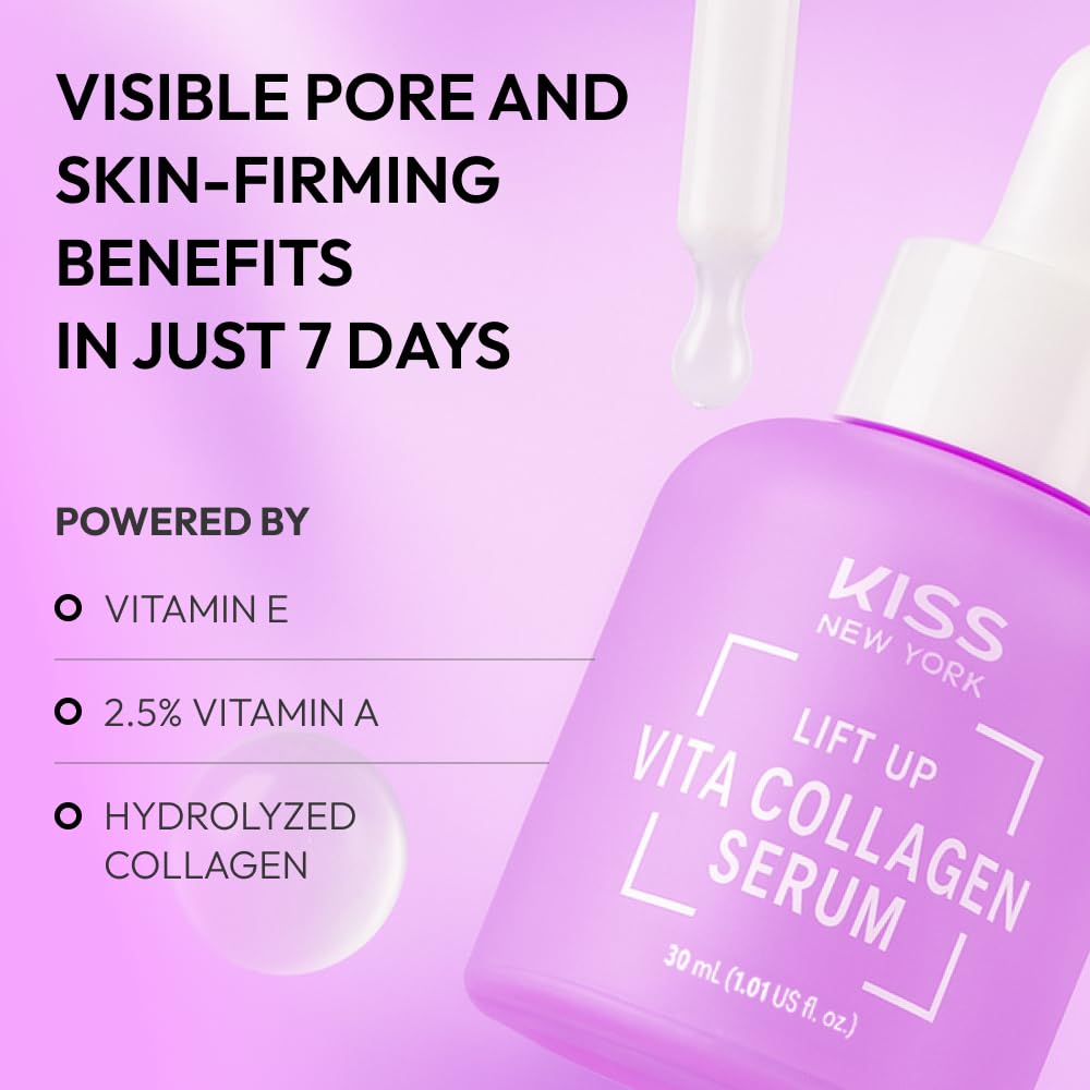 KISS NEW YORK Vita Collagen Serum For Face 1.01 Fl Oz, Improve Look of Wrinkles & Fine Lines With Hydrolyzed Collagen, Vitamins A & E for Smooth Skin Beauty & Personal Care Kiss