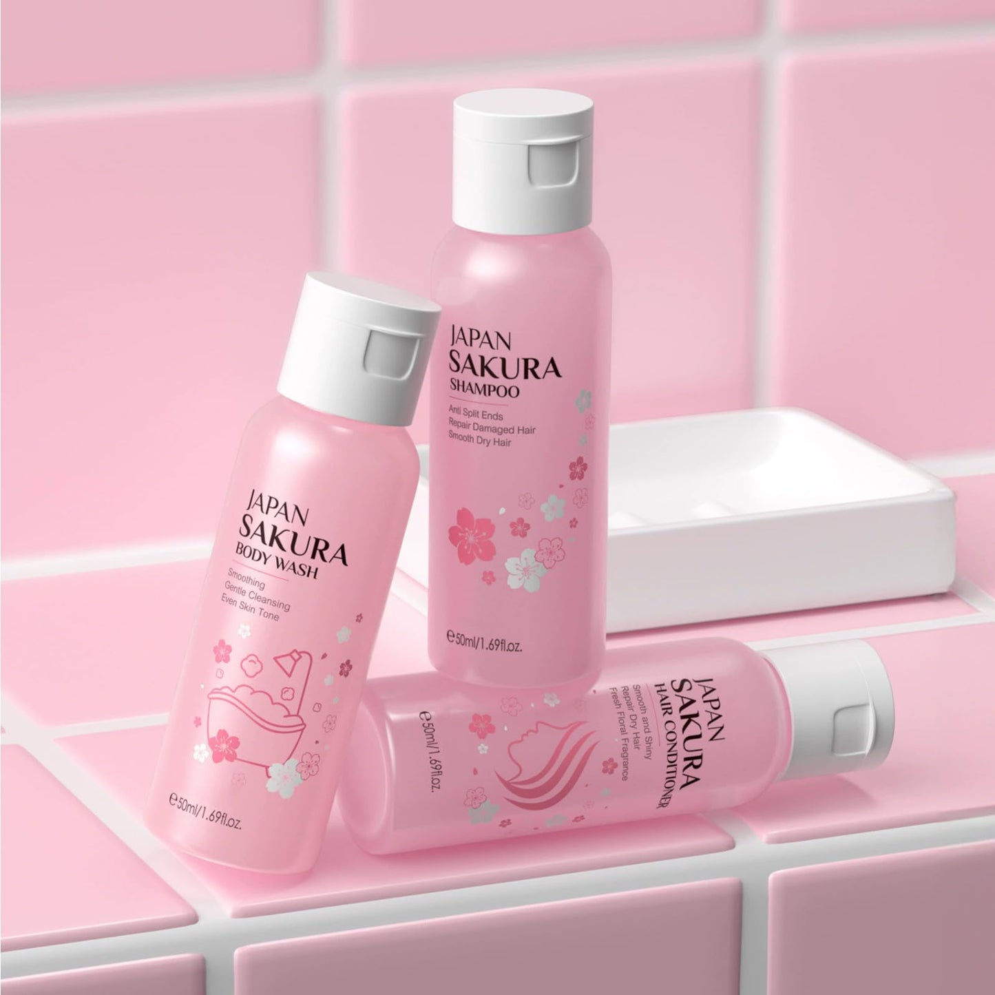 Cherry Blossom Shampoo and Conditioner & Body Wash Set,Hydrating Hair Care&Gentle Moisturizing Shower Gel,Delicate Floral Scent for Soft Silky Beauty & Personal Care TUOSHITONG
