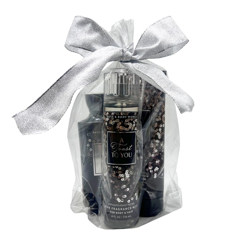 Bath & Body Works A TOAST TO YOU Fine Fragrance Mist, Ultimate Hydration Body Cream, and Body Wash 3pc Gift Set with 30-inch Silver Ribbon Bow Beauty and Personal Care Bath & Body Works