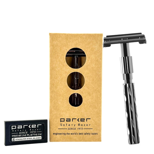 Parker 22R Long Handle Safety Razor - Gunmetal Twist-to-Open Butterfly Design, Heavyweight Brass Frame with Knurled Grip - Includes 5 Platinum Double Beauty and Personal Care Parker Safety Razor