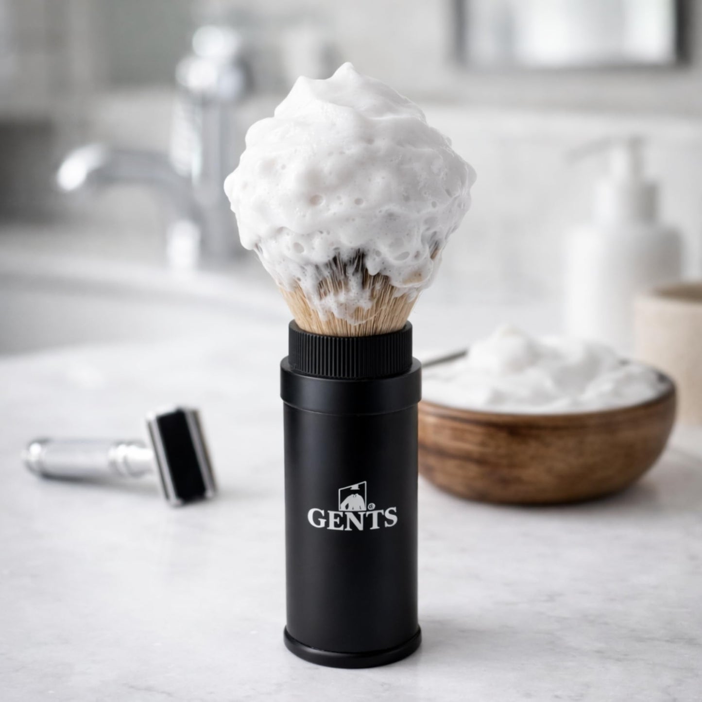 GENTS Travel Shaving Brush with Collapsible Canister - Synthetic Bristles, Compact Portable Wet Shaving Brush for Men, Chrome-Style Travel Grooming Beauty and Personal Care G.B.S