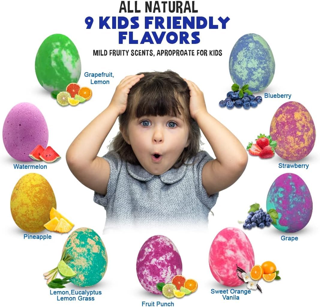 Bath Bombs for Kids with Surprise Toys Inside Plus Dinosaur Puzzle - Set of 9 Organic Dino Egg Bath Bombs with Rich Bubbles, Birthday Gifts for Kids Beauty and Personal Care Mineral Me California