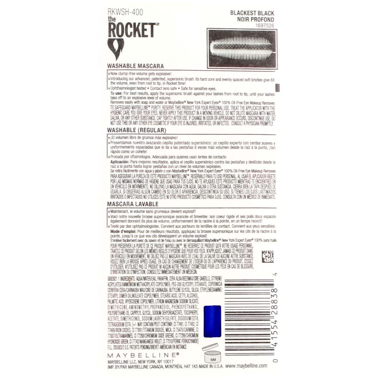 Maybelline Volume' Express The Rocket Washable Mascara, Blackest Black [400], 0.3 oz (Pack of 6) Beauty & Personal Care Maybelline New York