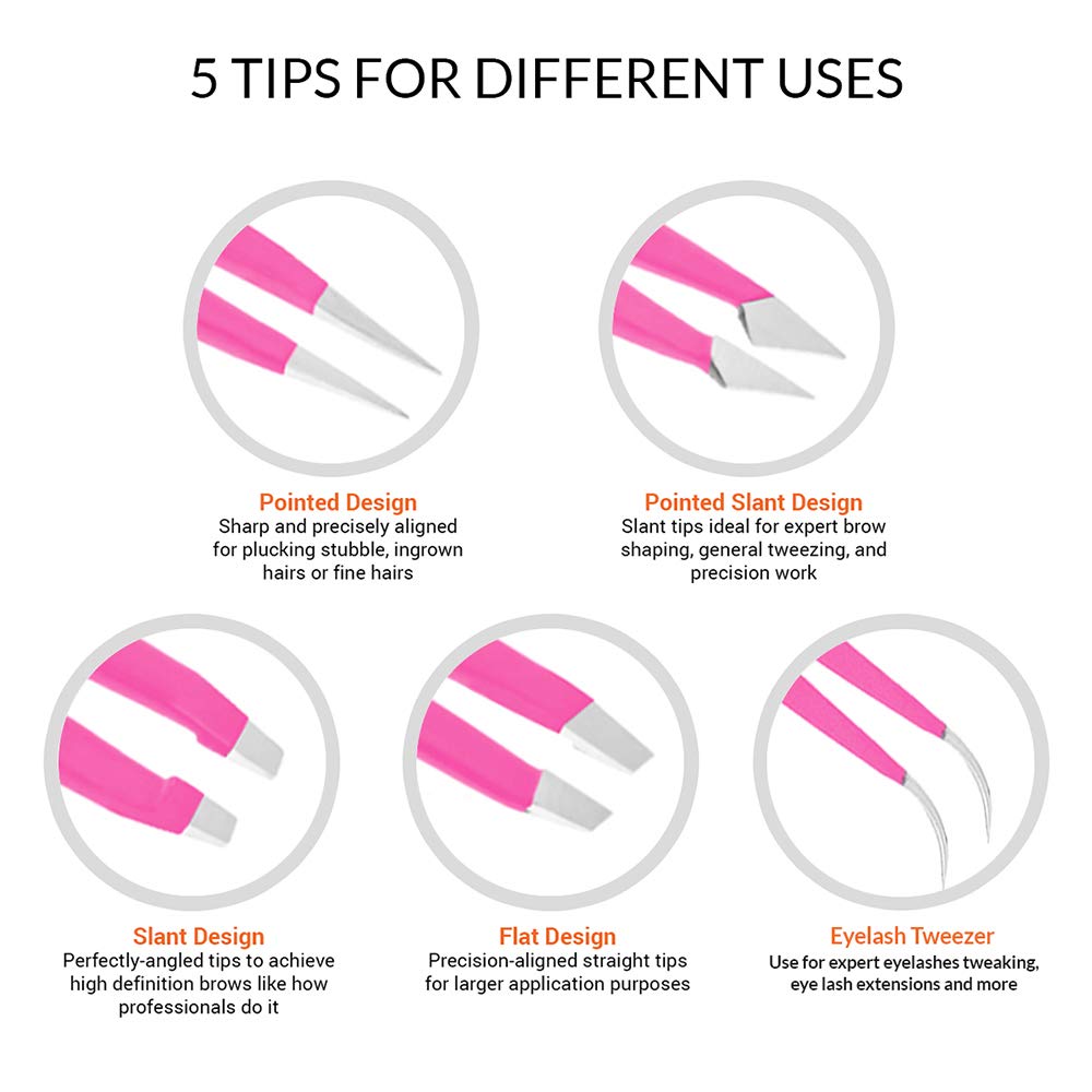 Alfaly Tweezers Set - Professional Stainless Steel 5-Piece Precision Tweezer for Men & Women - Great for Facial Hair Removal, Eyebrow Shaping Beauty & Personal Care Alfaly