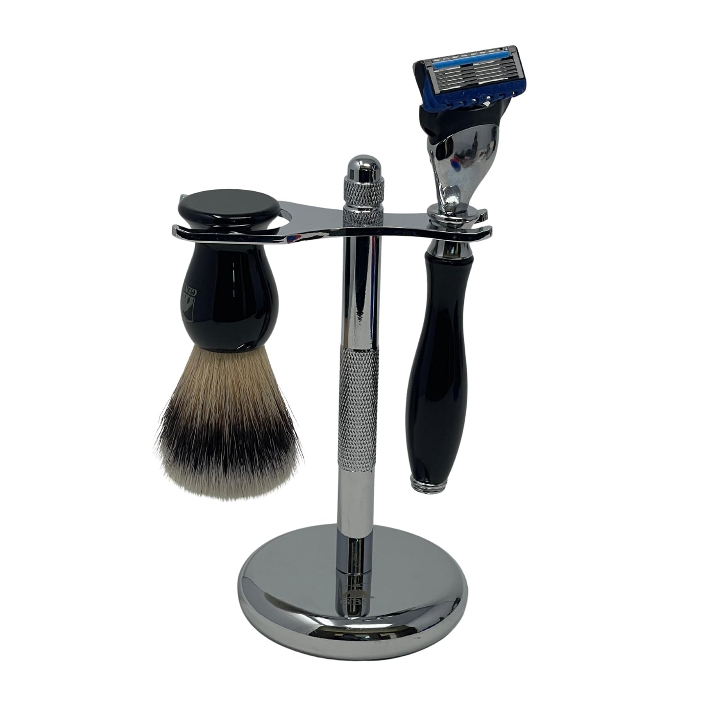 GENTS Chrome & Black Shaving Razor and Brush Set with Stand - 5 Blade Compatible Razor, Synthetic Shaving Brush, and Heavy-Duty Chrome Dual Holder Beauty and Personal Care G.B.S