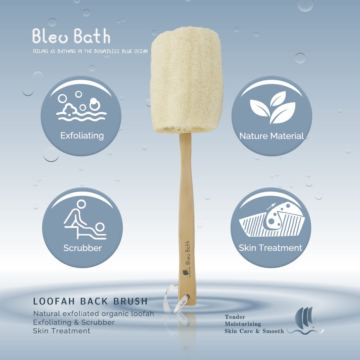 Bleu Bath (2 Pack) Exfoliating Loofah Back Brush Dry Body Brush in 100% Natural and Organic Luffa with Long Wooden Handle Fixed, Scrubber Brush Beauty and Personal Care Bleu Bath