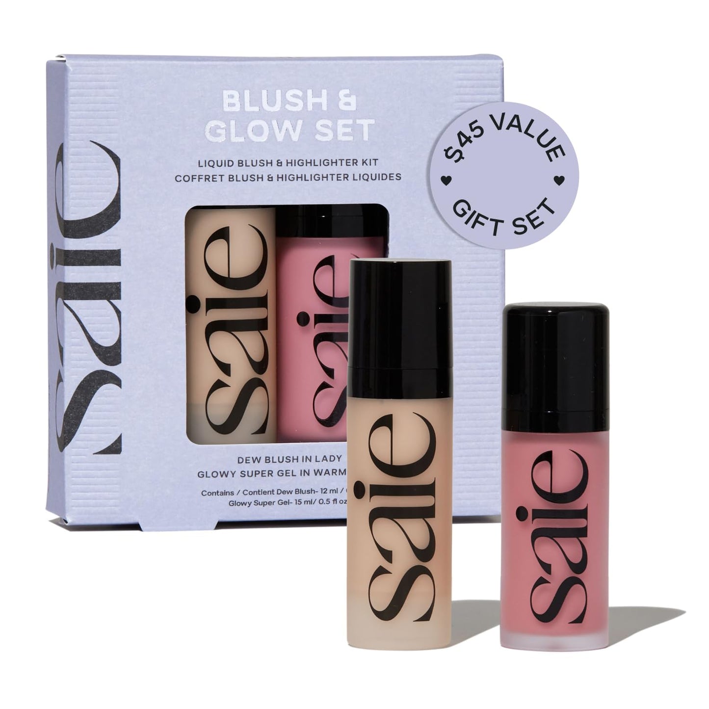 Saie Blush & Glow Gift Set - Dew Blush in Lady & Glowy Super Gel Liquid Highlighter & Makeup Primer in Warmglow - Skincare Infused Everyday Makeup Kit Beauty and Personal Care Saie
