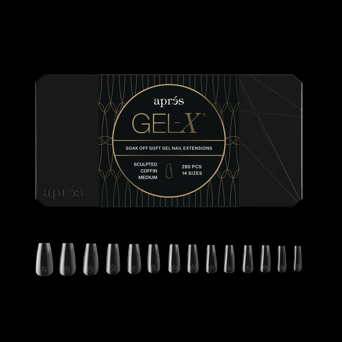 Apres Gel-X® Coffin Box of Nail Tips | 280 Gel-X Tips, Soft Tips, 14 Sizes 00-9 | Half-sizes Included (Sculpted Coffin Medium, 280 Count)