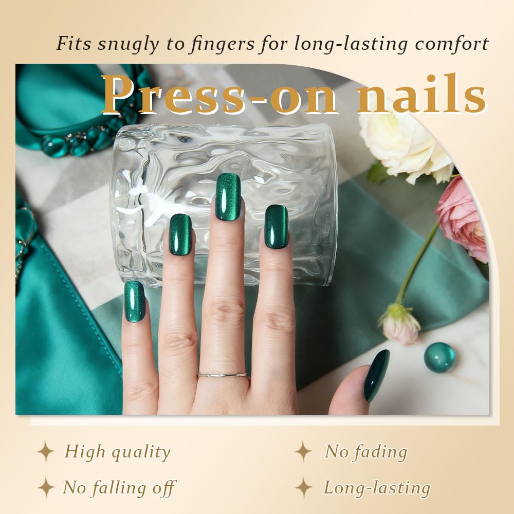 evpct Dark Emerald Green Metallic Cat Eye Press on Nails Square Medium, Stick on Nails Medium Length Square for Women, Green Metallic Nail press ons Beauty and Personal Care evpct