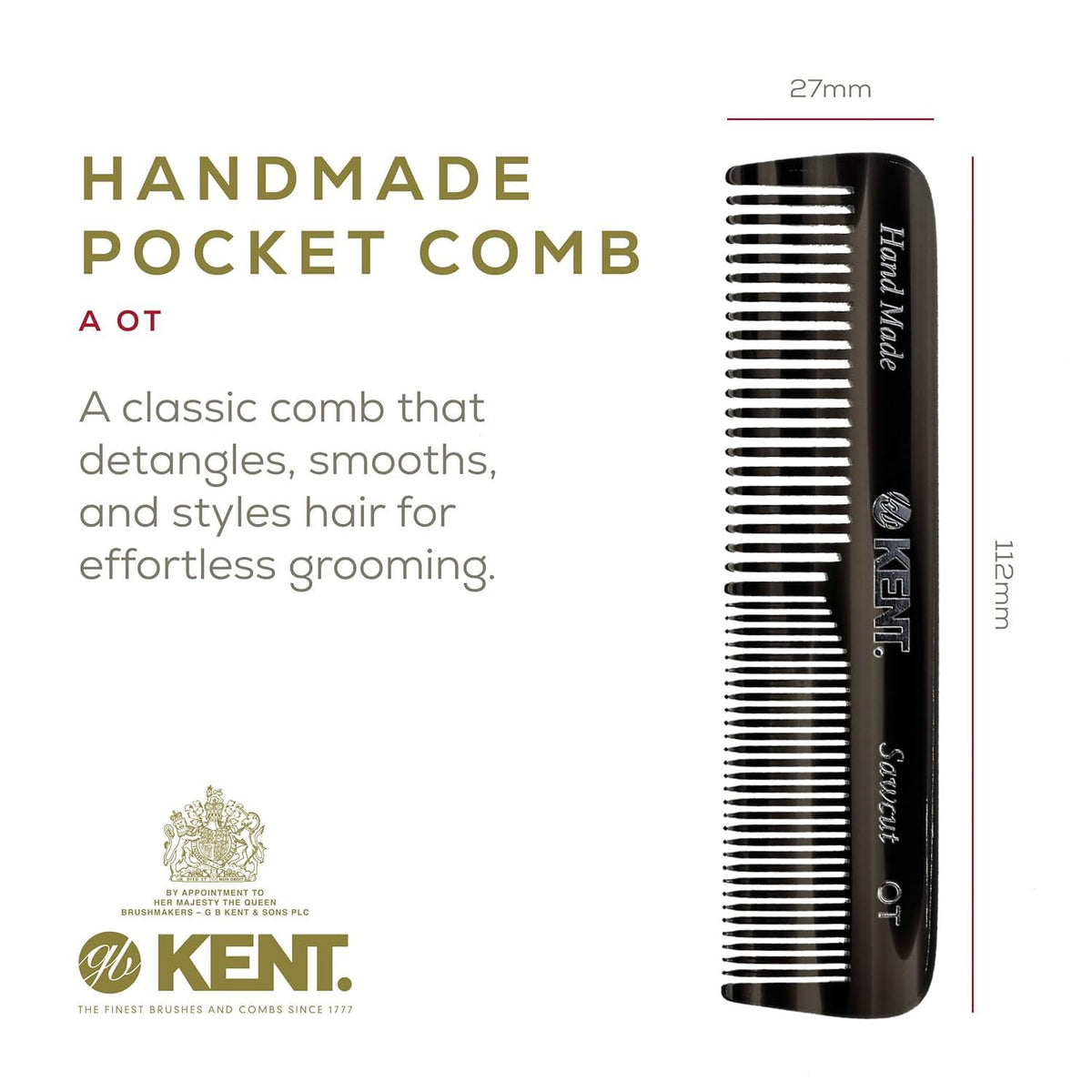 Kent OT Black Graphite Pocket Comb - Handmade Fine and Wide Tooth Hair Comb for Men, Women, and Kids - Travel, Beard, and Mustache Comb - Saw Cut and