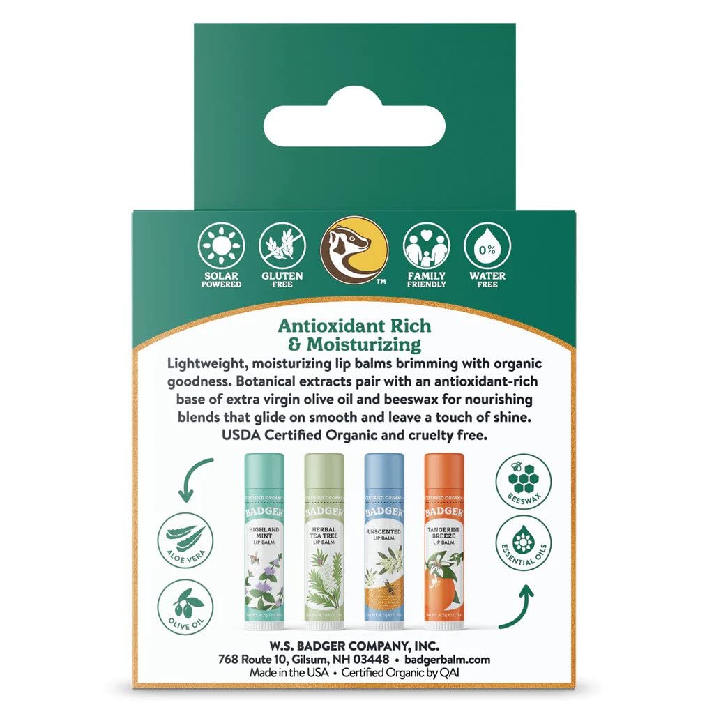 Badger Classic Organic Lip Balm Set - Green Box, Long Lasting Lip Moisturizer Gift Set, Light Silky Texture, All Natural Lip Balm Variety Pack Lip-Set Beauty & Personal Care Badger