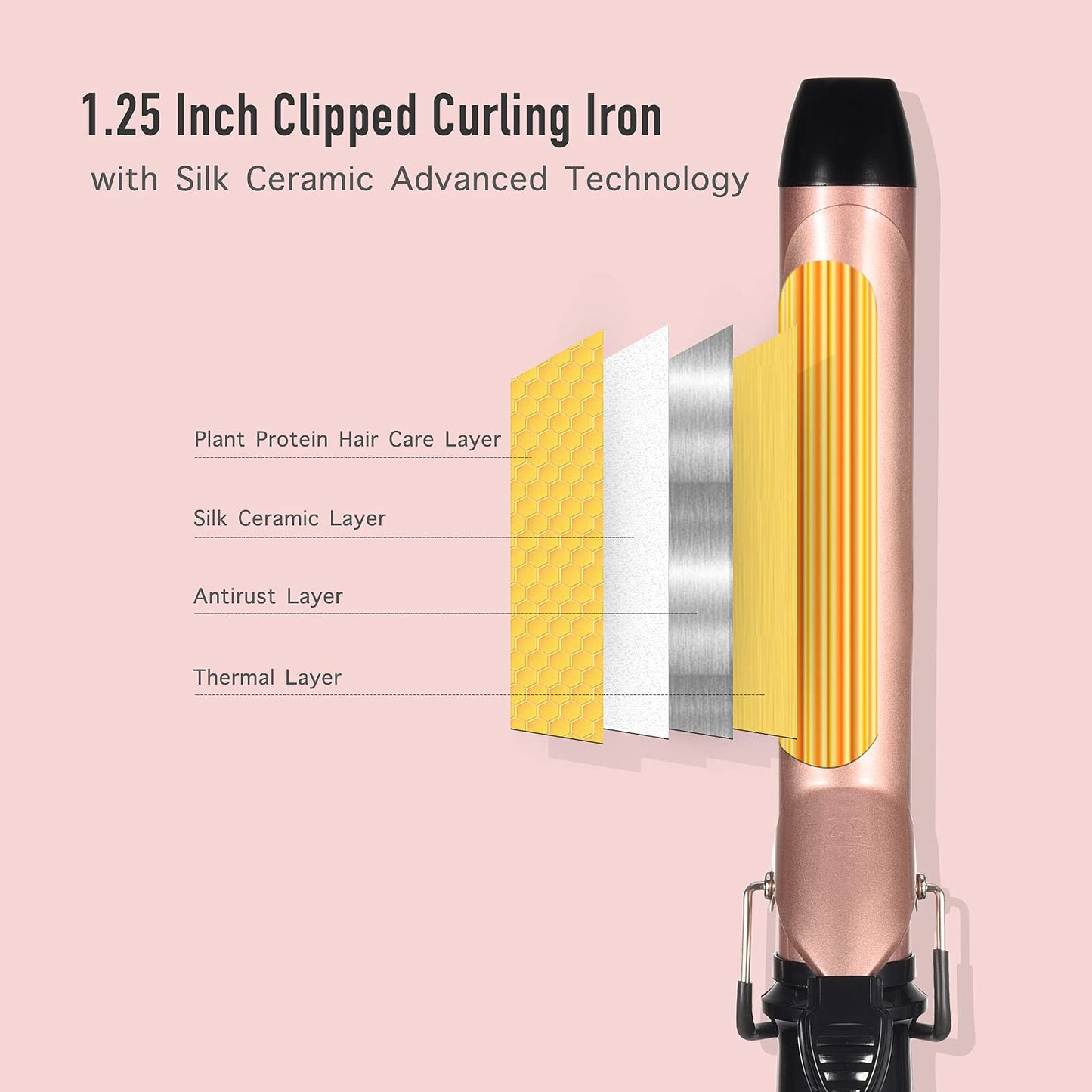 Lanvier 1.25 Inch Clipped Curling Iron with Extra Long Tourmaline Ceramic Barrel, Professional Hair Curler up to 450°F Dual Voltage for Traveling Beauty & Personal Care LANVIER