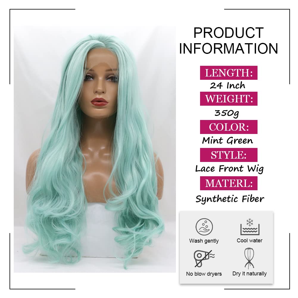 Kalisa Mint Green Lace Front Wig Long Wavy Blue Green Side Part Natural Hairline Wig Synthetic Curly Pre Plucked Wig Heat Resistant Glueless Wigs for