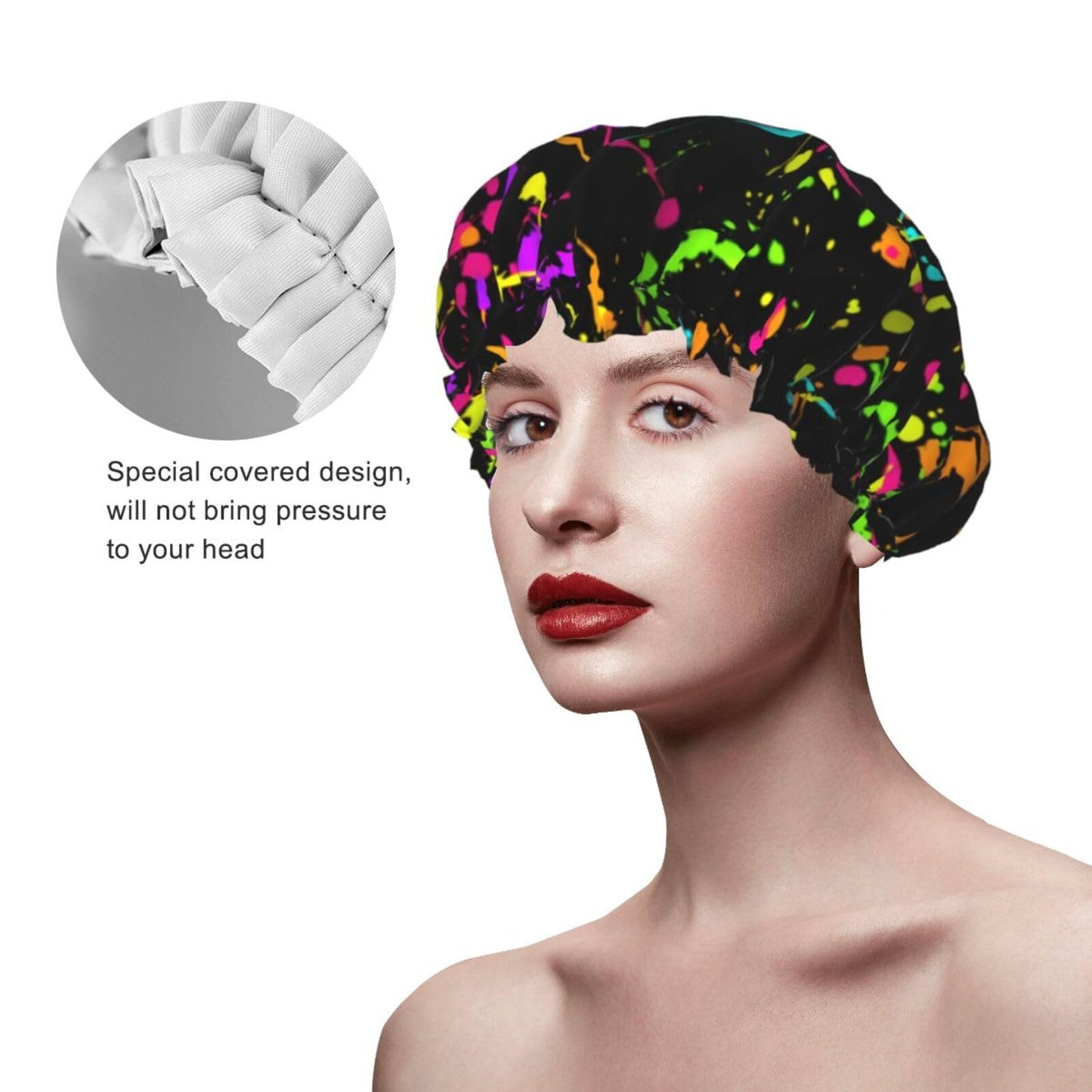 Glow in Dark Splatter Neon Shower Cap Reusable Double Waterproof Layers Bathing Shower Hat Hair Protection Shower Hat Beauty and Personal Care Wegphh