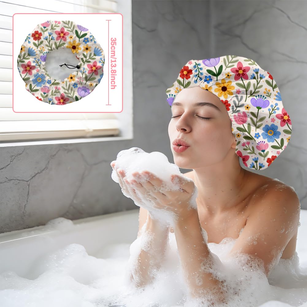 DELORIGIN Bohemian Floral Patterns Reusable Shower Cap Cute Double Layer Waterproof Shower Caps Large Elastic Hair Cover Adjustable Hair - Drying Caps Beauty and Personal Care DELORIGIN