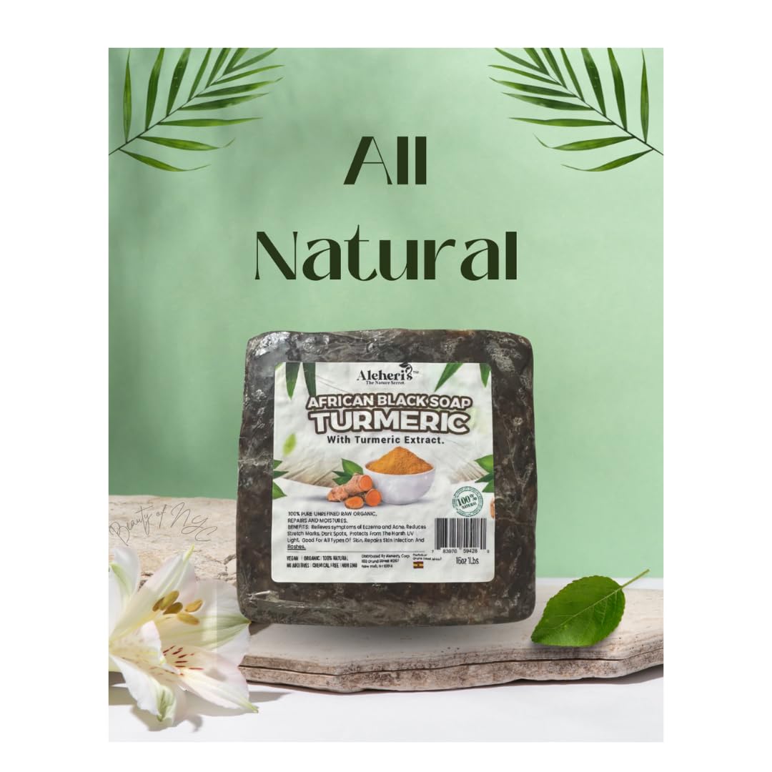 Aleheri's African Black Soap Turmeric 8 oz-100% All Natural, Raw Ingredients, For All Skin Types, Helps Rejuvenate, Aids Against Dark Spots, Eczema Beauty & Personal Care ALEHERI'S THE NATURE SECRET.