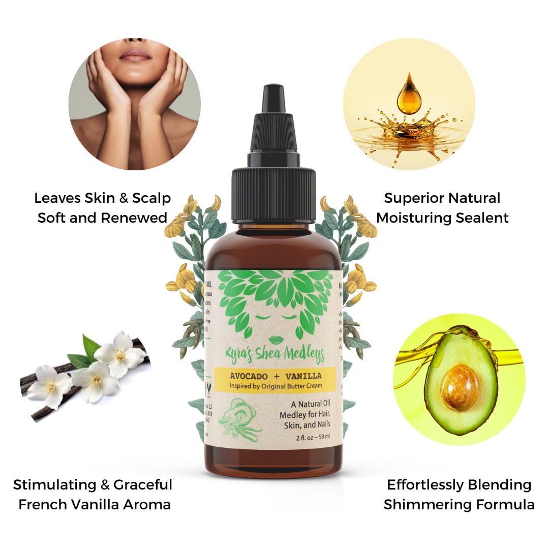 Multiuse Avocado + Vanilla Oil Medley for Face, Body, and Hair - Natural Avocado Oil, Shea Nut Oil, Vanilla Essential Oil, and Vitamin E - Seals Beauty & Personal Care Kyra's Shea Medleys