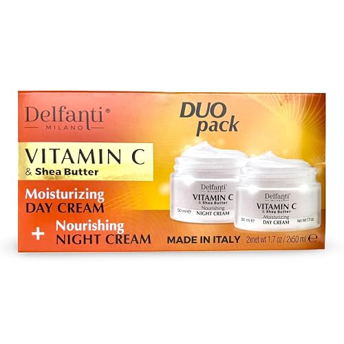 Delfanti-Milano • VITAMIN C & SHEA BUTTER• DUO pack • Day + Night Creams • Face, Neck Décolleté Moisturizing and Nourishing Cream for renewed Beauty & Personal Care Delfanti-Milano