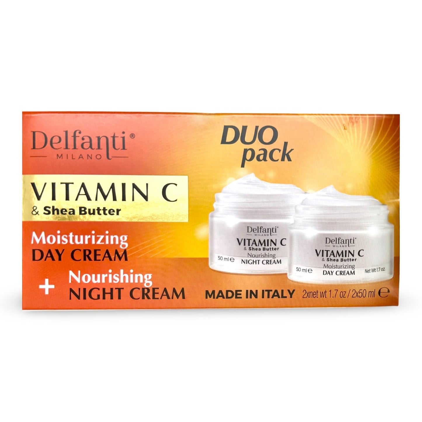 Delfanti-Milano • VITAMIN C & SHEA BUTTER• DUO pack • Day + Night Creams • Face, Neck Décolleté Moisturizing and Nourishing Cream for renewed Beauty & Personal Care Delfanti-Milano