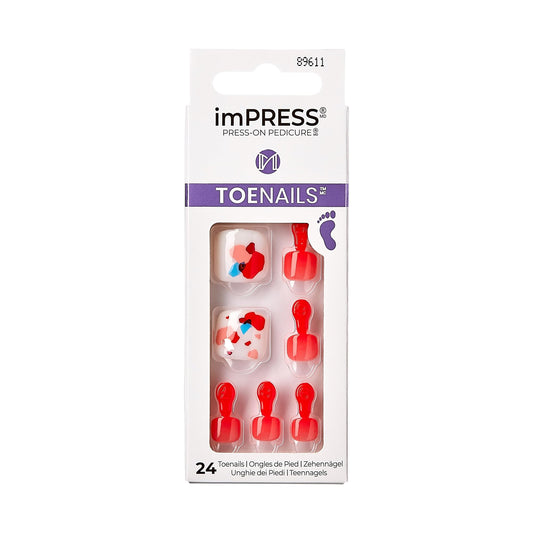 KISS Impress No Glue Pedi Press-On Toenails, Ruby, Red, White, Squoval Shape, Includes 24 Nails, Prep Pad, 1 Manicure Stick, 1 Mini File