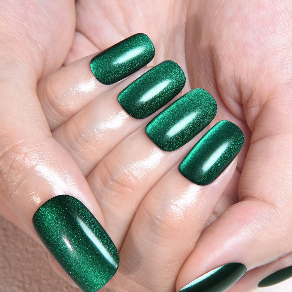 evpct Dark Emerald Green Metallic Cat Eye Press on Nails Square Medium, Stick on Nails Medium Length Square for Women, Green Metallic Nail press ons Beauty and Personal Care evpct