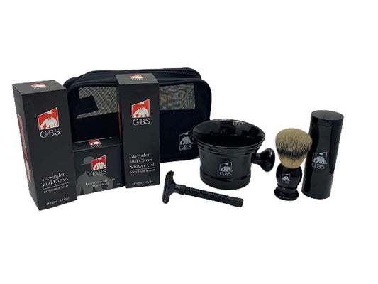 G.B.S Men's set Black Adjustable Safety Razor, Shower Gel Black Ceramic Mug, Lavender Aftershave, Shower Gel, and Shave Soap, Synthetic Brush Beauty and Personal Care G.B.S
