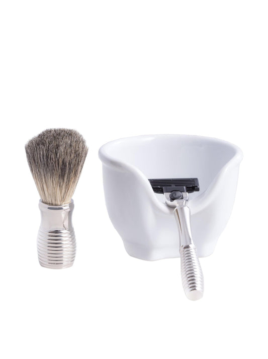 Bey-Berk Harvey 3-Piece Chrome Shaving Set, Razor and Pure Badger Brush with White Porcelain Soap Bowl, Compatible with Mach 3 Razor Blades Beauty and Personal Care Bey-Berk