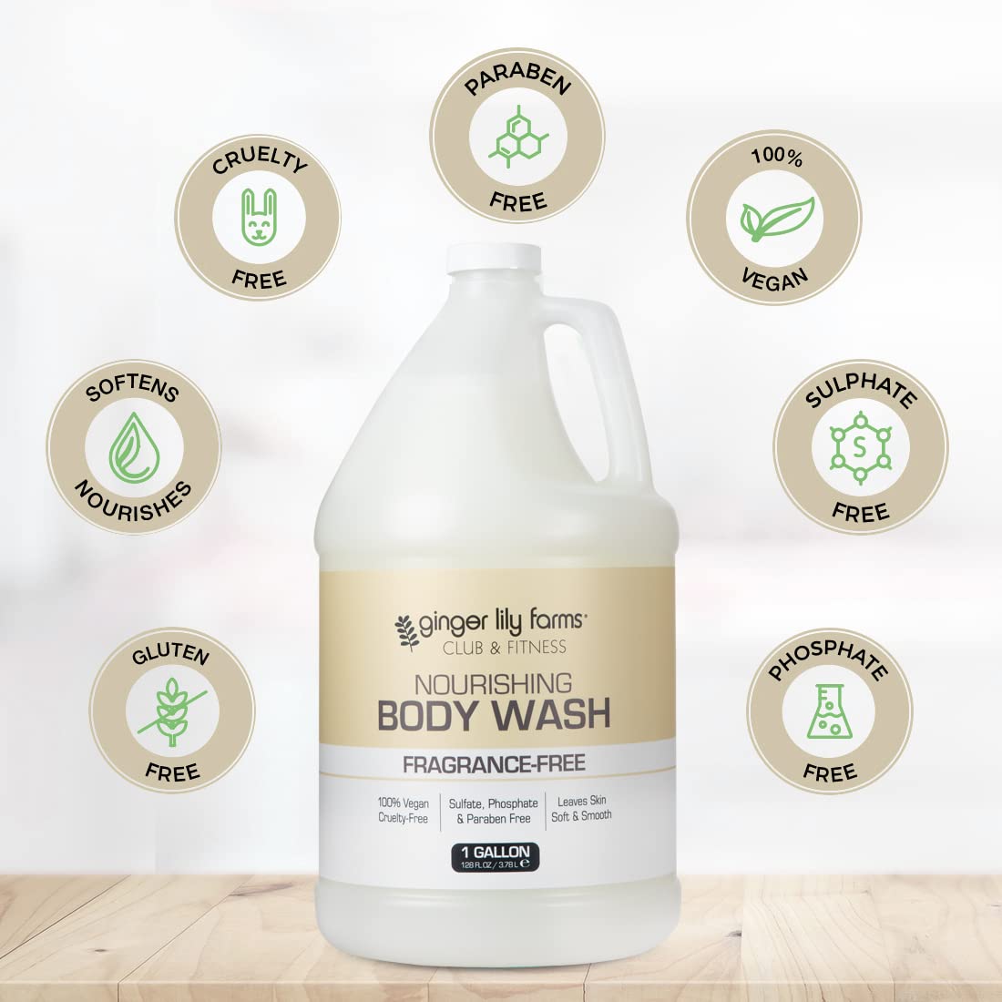 Ginger Lily Farms Club & Fitness Nourishing Body Wash, 100% Vegan & Cruelty-Free, Bath & Shower Gel for Men and Women, Fragrance Free, 1 Gallon (128 Beauty & Personal Care Ginger Lily Farms