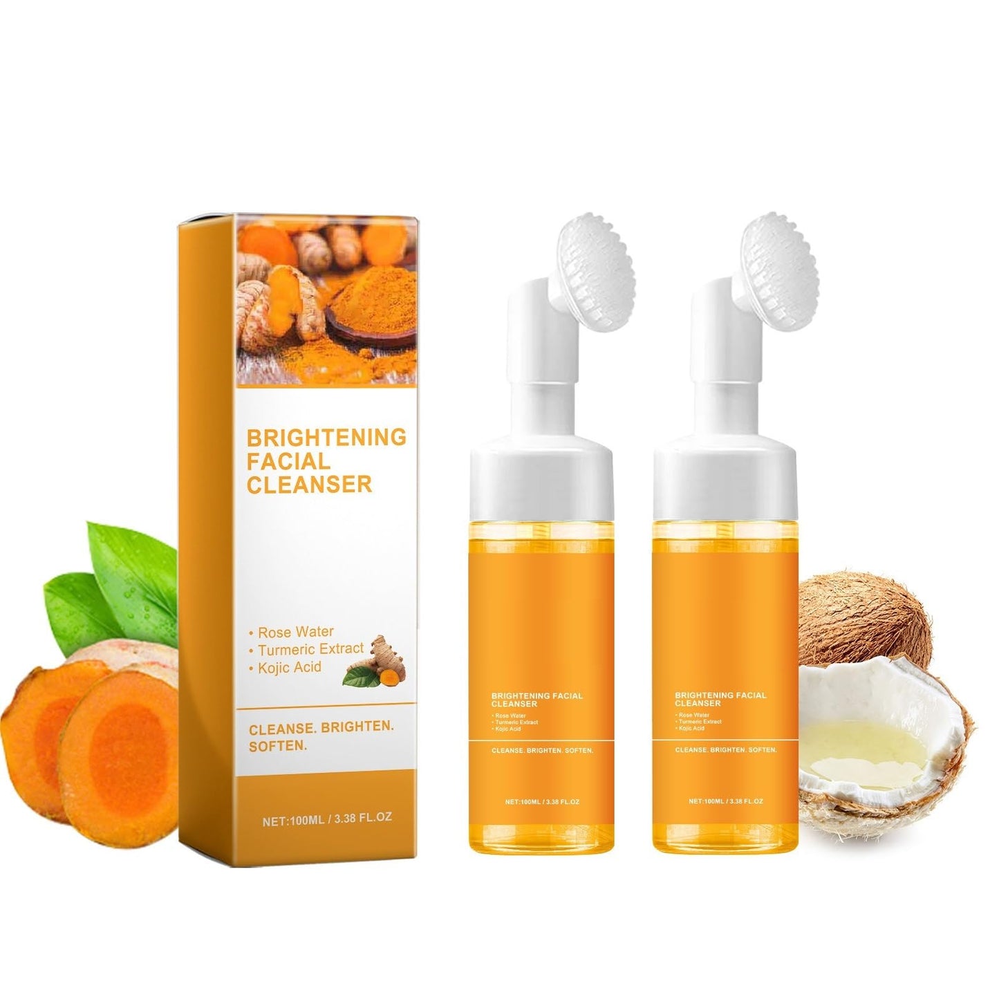 2 Pcs Turmeric Foaming Face Wash, Deep Cleansing Glow Wash Turmeric Facial Cleanser With Brush. Beauty and Personal Care HuaQing Default Title