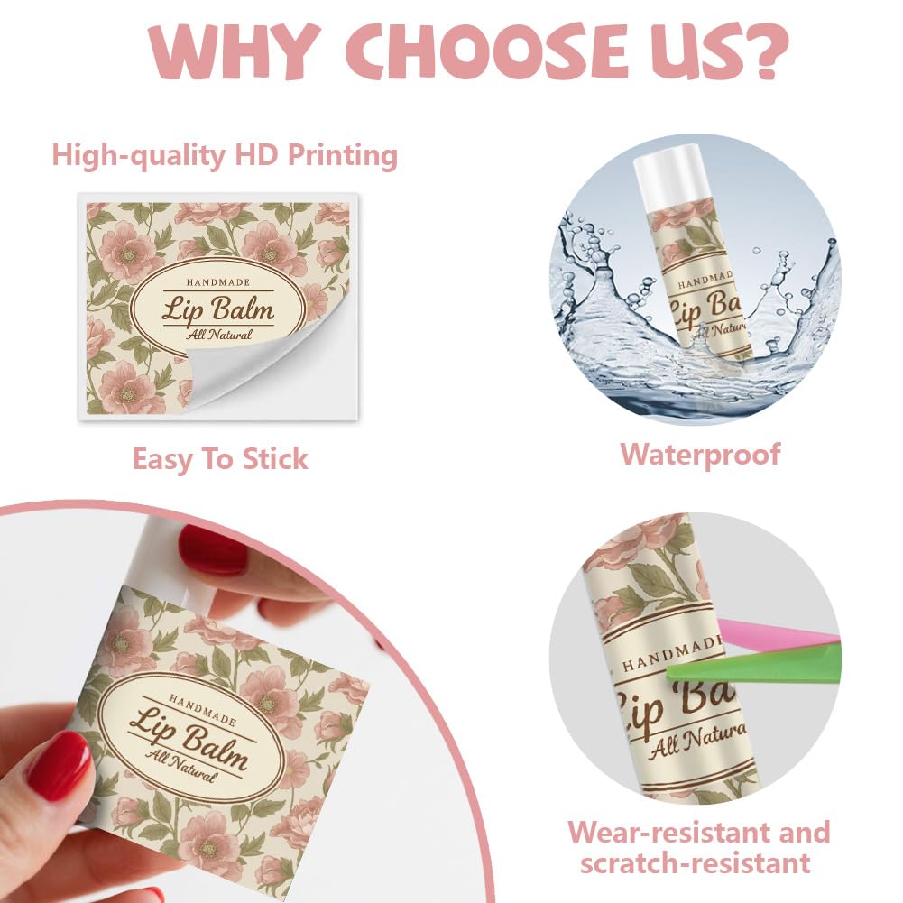 Peacoblue 160Pcs Lip Balm Labels Sticker for Tubes 2.1"x1.7" Vintage Large Flowers, 8 Styles Waterproof Chapstick Labels Glossy for Homemade Lip Balm Beauty and Personal Care peacoblue