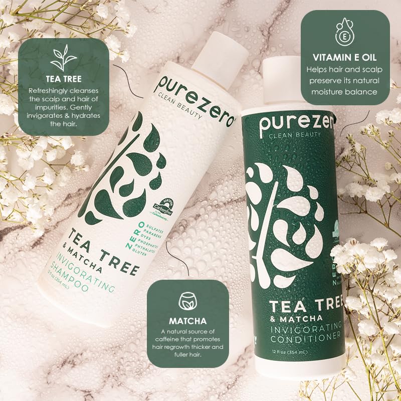 Purezero Tea Tree & Matcha Shampoo and Conditioner Set - Nourishing & Invigorating Scalp Treatment - Zero Sulfates, Parabens, Dyes Vegan and Cruely Beauty & Personal Care Purezero